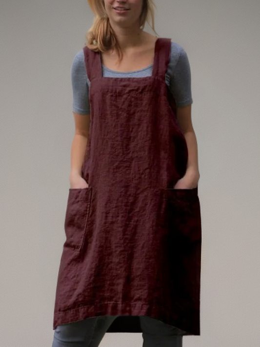 Women’s Apron Dress – Relaxed Fit – Cotton Linen – Square Neck – Knee Length Pockets