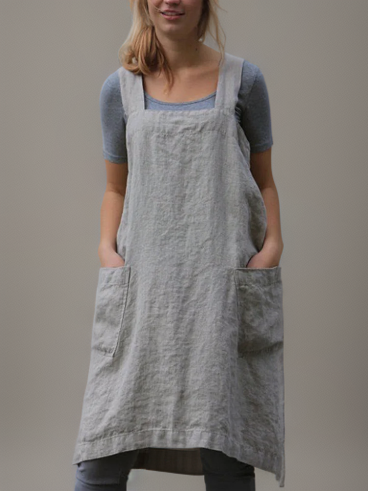 Women’s Apron Dress – Relaxed Fit – Cotton Linen – Square Neck – Knee Length Pockets