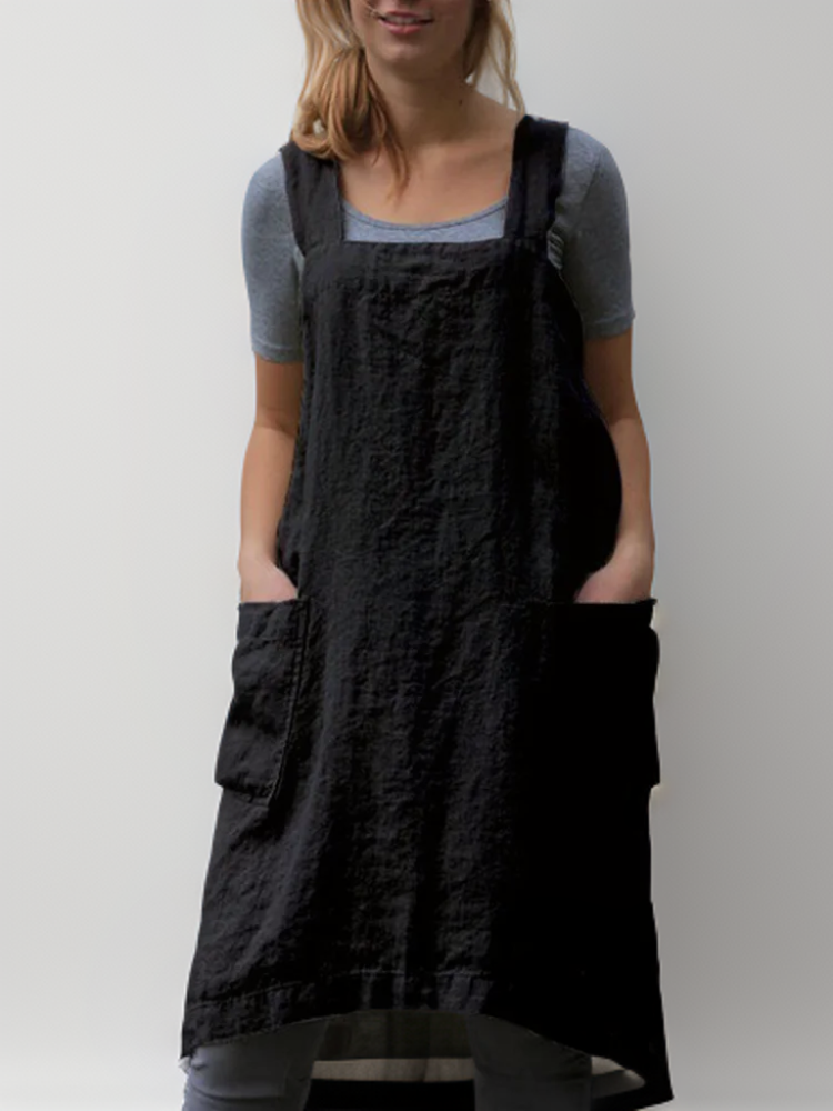 Women’s Apron Dress – Relaxed Fit – Cotton Linen – Square Neck – Knee Length Pockets