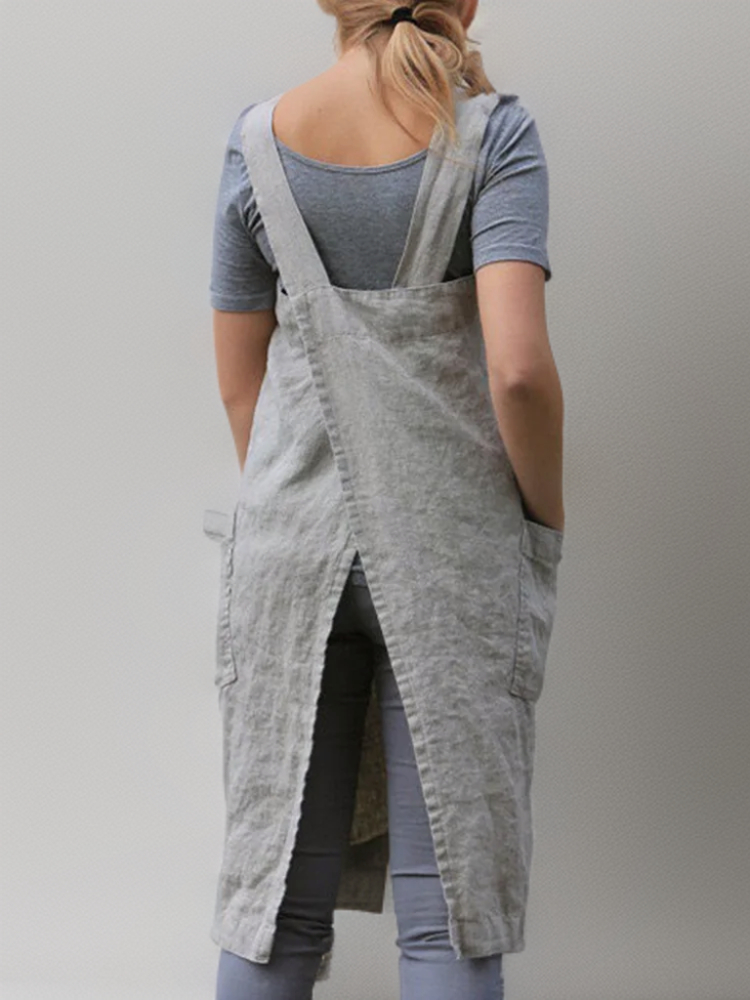 Women’s Apron Dress – Relaxed Fit – Cotton Linen – Square Neck – Knee Length Pockets