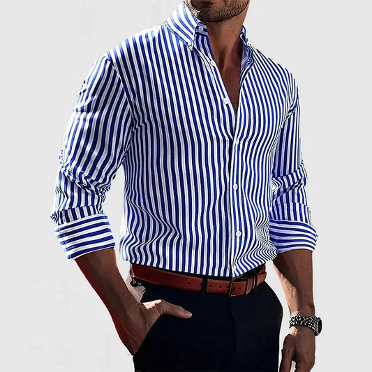 Men’s Button-Down Shirt – Slim Fit – Cotton Blend – Striped Long Sleeve