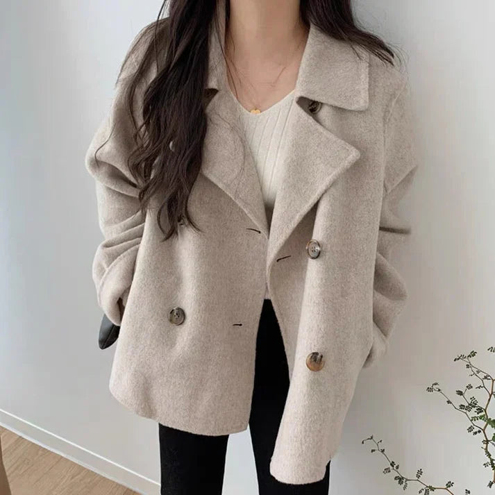 Women’s Coat – Oversized Fit – Wool Texture – Double-Breasted – Hip Length Classic Style