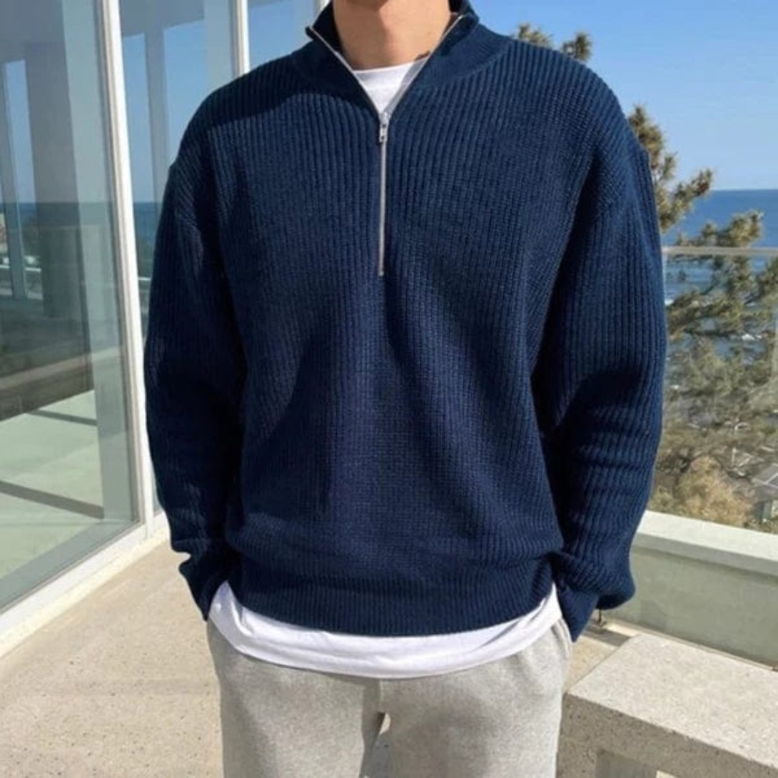 Men’s Half Zip Sweater – Wool Blend – Ribbed Knit – Relaxed Fit – Casual Layer