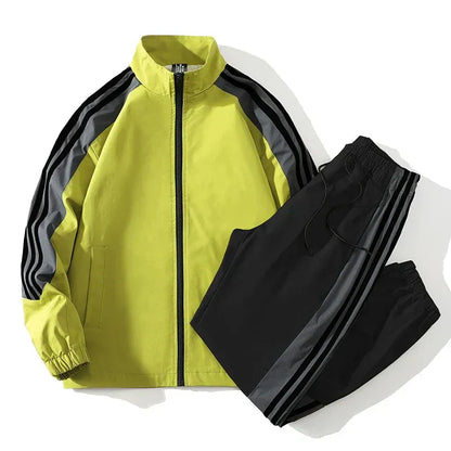 Men’s Tracksuit Set – Relaxed Fit – Full-Zip Jacket – Tapered Pants with Drawstring – Stripes