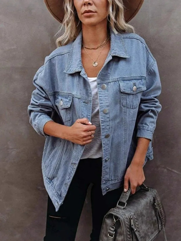 Women’s Denim Jacket – Oversized Fit – Pointed Lapel – Button Front – Utility Pockets
