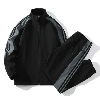 Men’s Tracksuit Set – Relaxed Fit – Full-Zip Jacket – Tapered Pants with Drawstring – Stripes