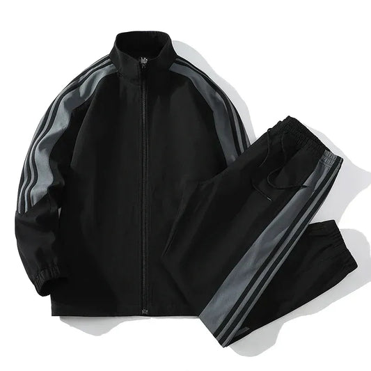 Men’s Tracksuit Set – Relaxed Fit – Full-Zip Jacket – Tapered Pants with Drawstring – Stripes