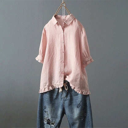 Women’s Shirt – Relaxed Fit – Cotton Feel Woven Fabric – Ruffled Trim – 3/4 Sleeve