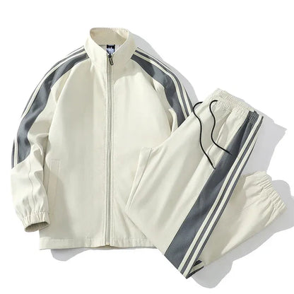 Men’s Tracksuit Set – Relaxed Fit – Full-Zip Jacket – Tapered Pants with Drawstring – Stripes
