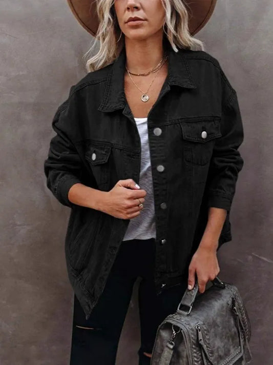 Women’s Denim Jacket – Oversized Fit – Pointed Lapel – Button Front – Utility Pockets