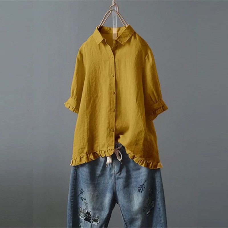 Women’s Shirt – Relaxed Fit – Cotton Feel Woven Fabric – Ruffled Trim – 3/4 Sleeve