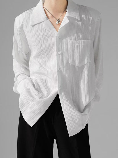 Men’s Long-Sleeve Shirt – Cuban Collar – Pleated Texture – Relaxed Structured Fit