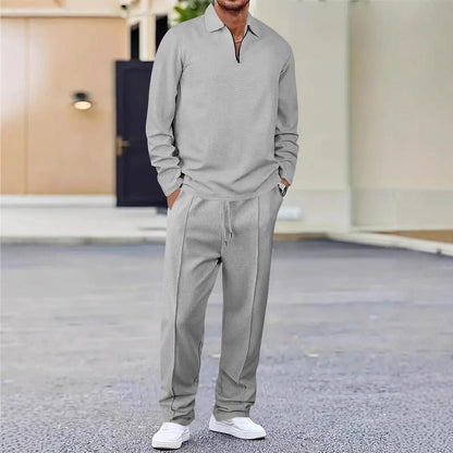 Men’s Sport Set – Slim Fit Knit – Quarter-Zip Polo Top – Tapered Ankle Pants