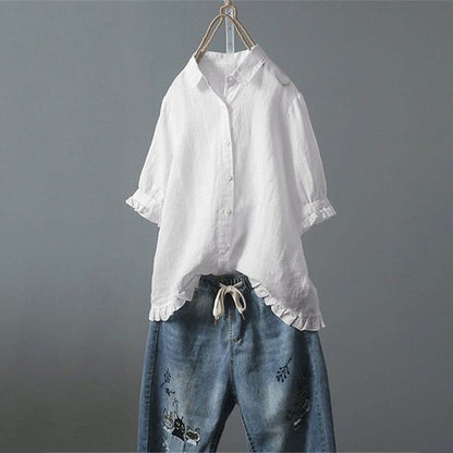 Women’s Shirt – Relaxed Fit – Cotton Feel Woven Fabric – Ruffled Trim – 3/4 Sleeve