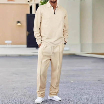 Men’s Sport Set – Slim Fit Knit – Quarter-Zip Polo Top – Tapered Ankle Pants