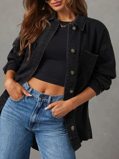 Women’s Denim Jacket – Oversized Boyfriend Fit – Chest Pockets – Button Front