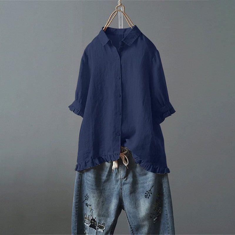 Women’s Shirt – Relaxed Fit – Cotton Feel Woven Fabric – Ruffled Trim – 3/4 Sleeve
