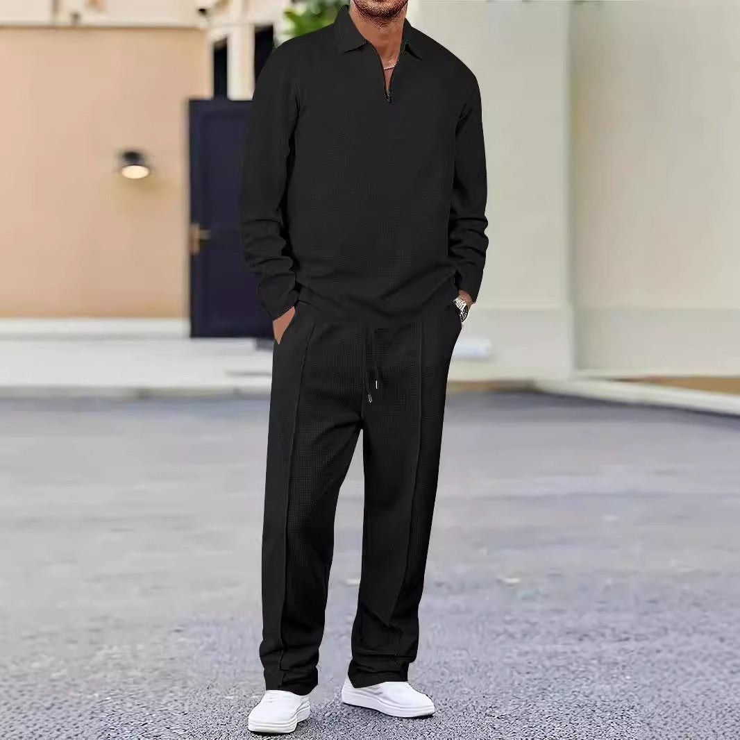 Men’s Sport Set – Slim Fit Knit – Quarter-Zip Polo Top – Tapered Ankle Pants