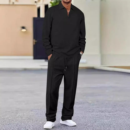 Men’s Sport Set – Slim Fit Knit – Quarter-Zip Polo Top – Tapered Ankle Pants