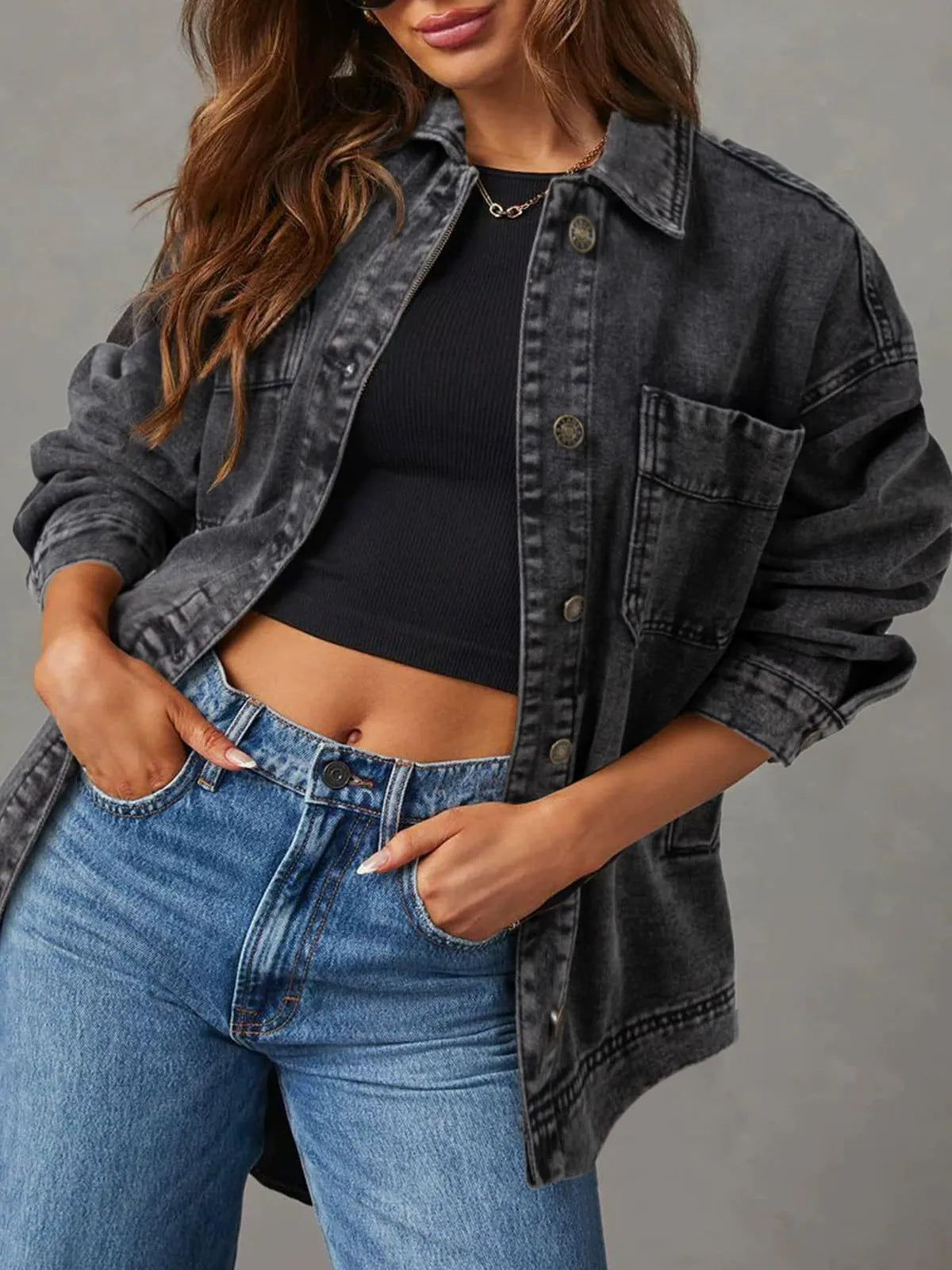 Women’s Denim Jacket – Oversized Boyfriend Fit – Chest Pockets – Button Front