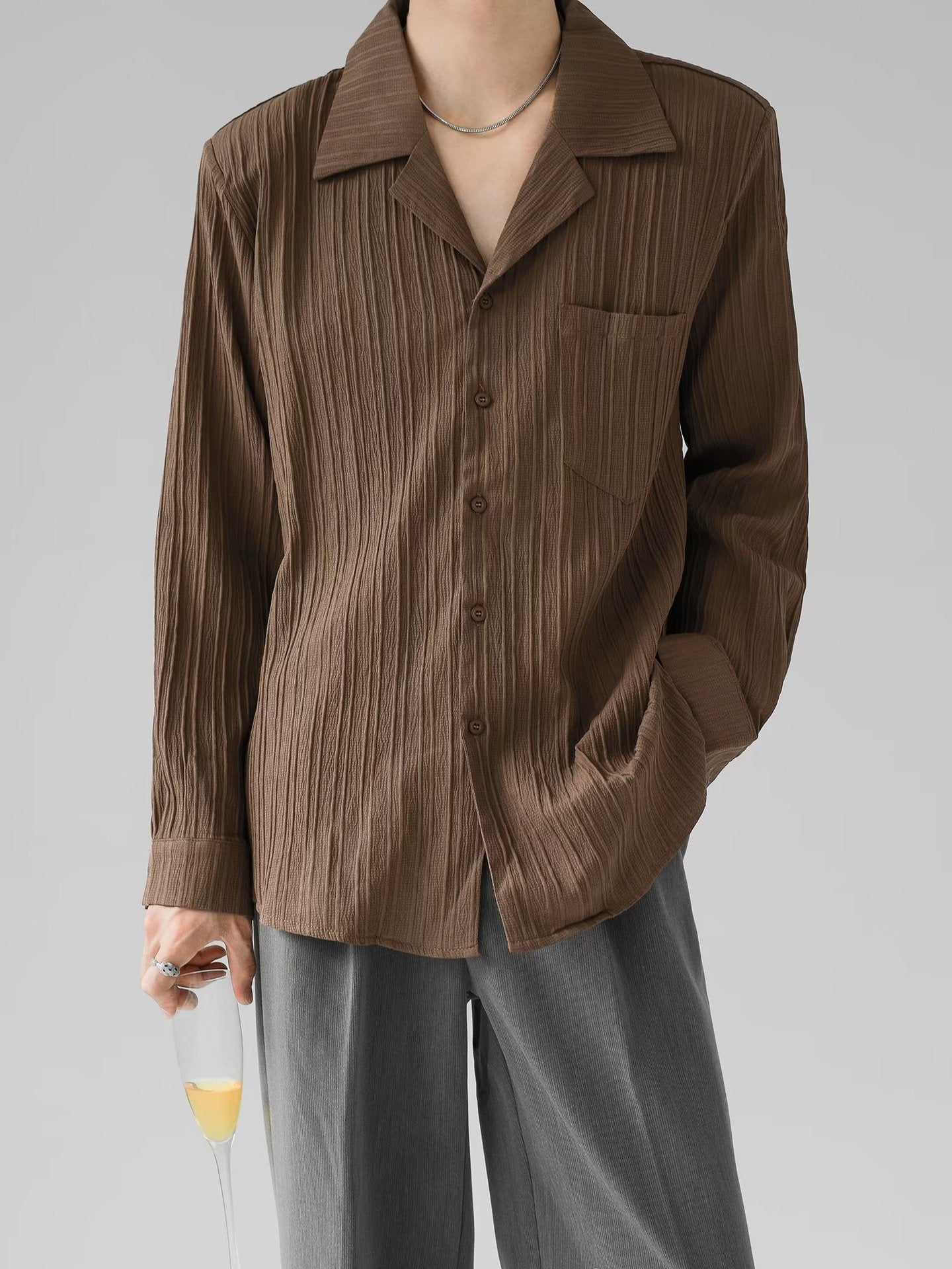 Men’s Long-Sleeve Shirt – Cuban Collar – Pleated Texture – Relaxed Structured Fit