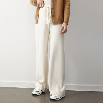 Women’s Knit Pants – Relaxed Fit – Ribbed Texture – Drawstring Waist – Wide Leg