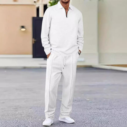 Men’s Sport Set – Slim Fit Knit – Quarter-Zip Polo Top – Tapered Ankle Pants