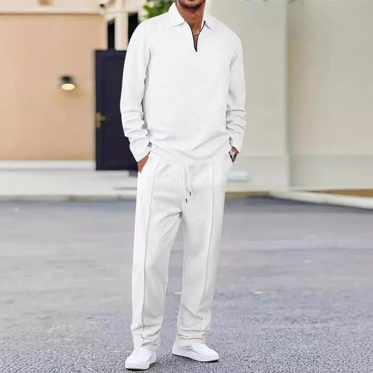Men’s Sport Set – Slim Fit Knit – Quarter-Zip Polo Top – Tapered Ankle Pants