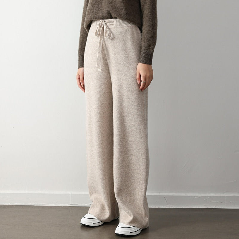 Women’s Knit Pants – Relaxed Fit – Ribbed Texture – Drawstring Waist – Wide Leg