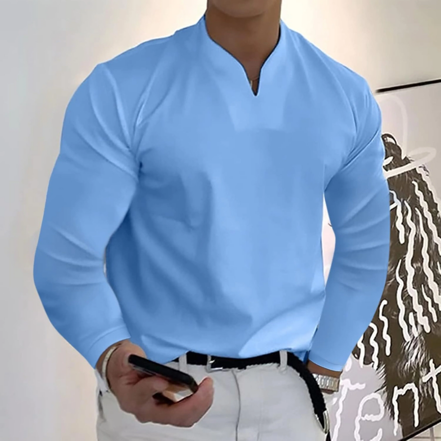 Men’s V-Neck Top – Soft Knit – Regular Fit – Long Sleeve Minimalist Style