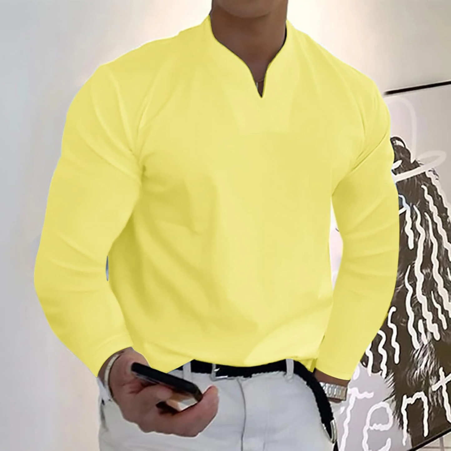Men’s V-Neck Top – Soft Knit – Regular Fit – Long Sleeve Minimalist Style