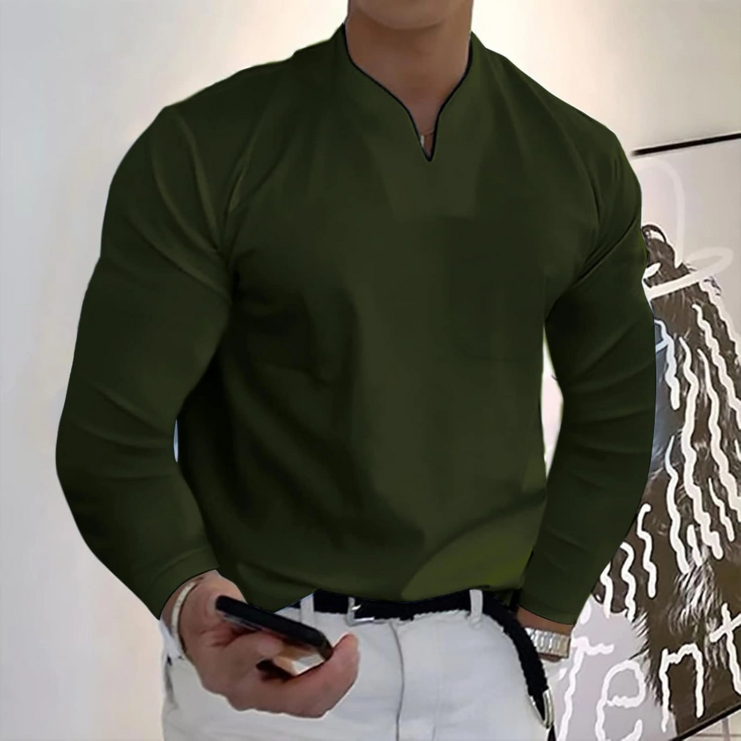 Men’s V-Neck Top – Soft Knit – Regular Fit – Long Sleeve Minimalist Style
