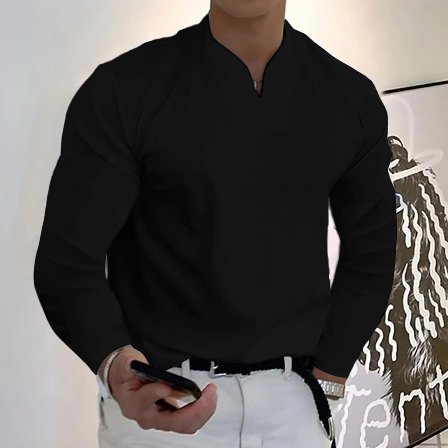 Men’s V-Neck Top – Soft Knit – Regular Fit – Long Sleeve Minimalist Style