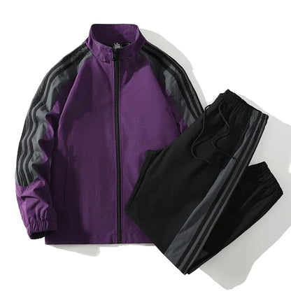 Men’s Tracksuit Set – Relaxed Fit – Full-Zip Jacket – Tapered Pants with Drawstring – Stripes
