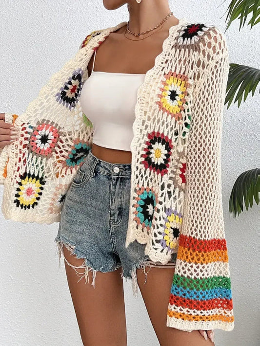 Women’s Crochet Cardigan – Relaxed Fit – Open Front – Scalloped Edges – Long Sleeve