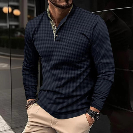 Men’s Hip-Length Shirt Regular Fit - Cotton Blend - Stand Collar V-Neck - Two-Button Placket