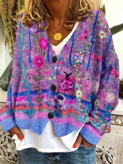 Women’s Cardigan – Oversized Fit – Chunky Knit – Abstract Floral – Button Front