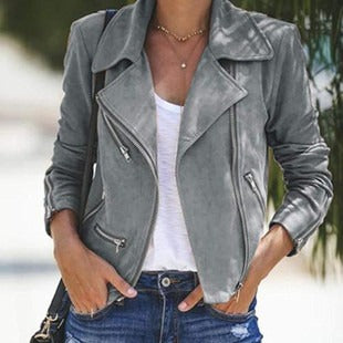 Women’s Jacket – Slim Fit – Suede – Cropped Waist – Notched Lapel – Zipper Detail