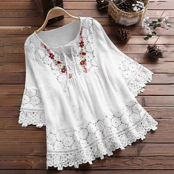 Women’s Tunic Top – Flowy Fit – Cotton Blend – Lace Trim – Embroidered Neckline – 3/4 Sleeve