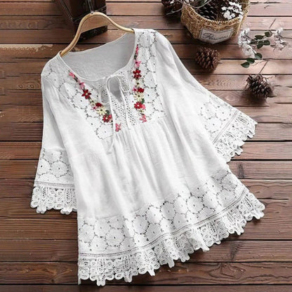 Women’s Tunic Top – Flowy Fit – Cotton Blend – Lace Trim – Embroidered Neckline – 3/4 Sleeve