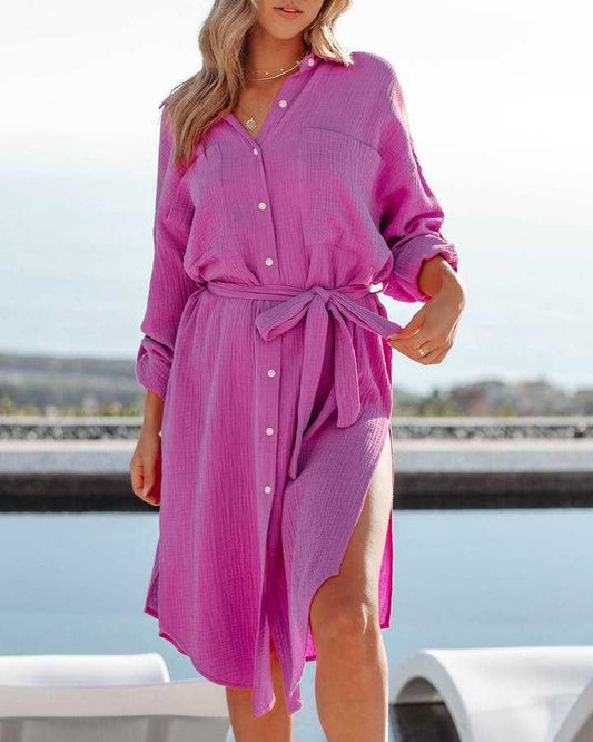 Women’s Kaftan Blouse Dress – Relaxed Fit – Cotton – Button Front – Tie Waist – Midi Length