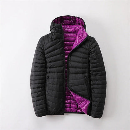 Women’s Quilted Jacket – Hooded Reversible – Windproof – Hip Length Regular Fit