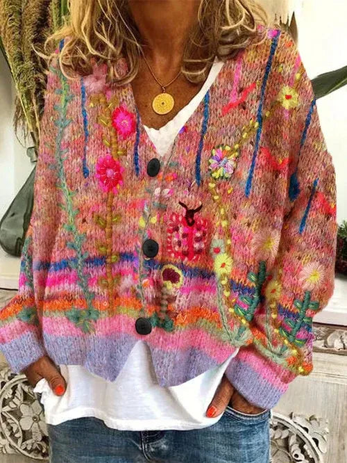 Women’s Cardigan – Oversized Fit – Chunky Knit – Abstract Floral – Button Front