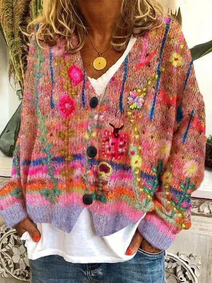 Women’s Cardigan – Oversized Fit – Chunky Knit – Abstract Floral – Button Front