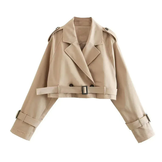 Women’s Trench Coat – Cropped Fit – Double-Breasted – Belted Waist – Cotton