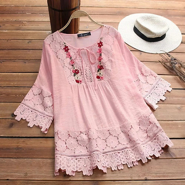 Women’s Tunic Top – Flowy Fit – Cotton Blend – Lace Trim – Embroidered Neckline – 3/4 Sleeve