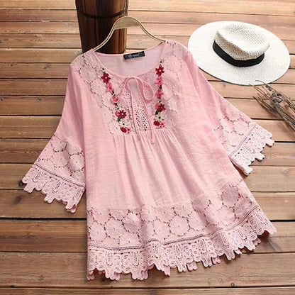 Women’s Tunic Top – Flowy Fit – Cotton Blend – Lace Trim – Embroidered Neckline – 3/4 Sleeve