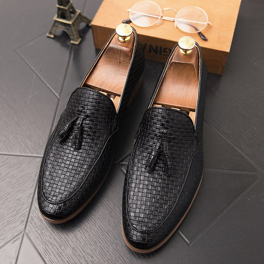 Men’s Loafers – Slip-On – Dress Shoes – Basketweave Texture – Almond Toe – Tassel Detail