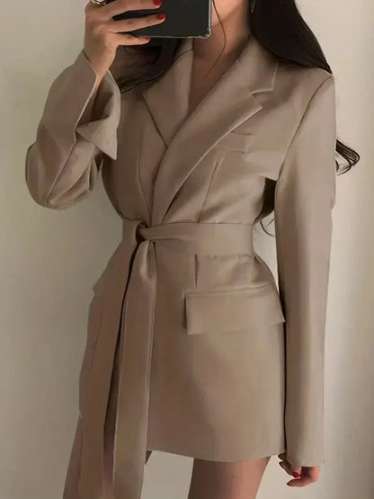 Women’s Blazer Dress – Tailored Fit – Belted Waist – Long Sleeve – Woven Fabric