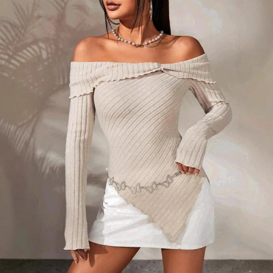 Women’s Off-Shoulder Top – Ribbed Knit – Slim Fit – Asymmetric Hem – Decorative Trim